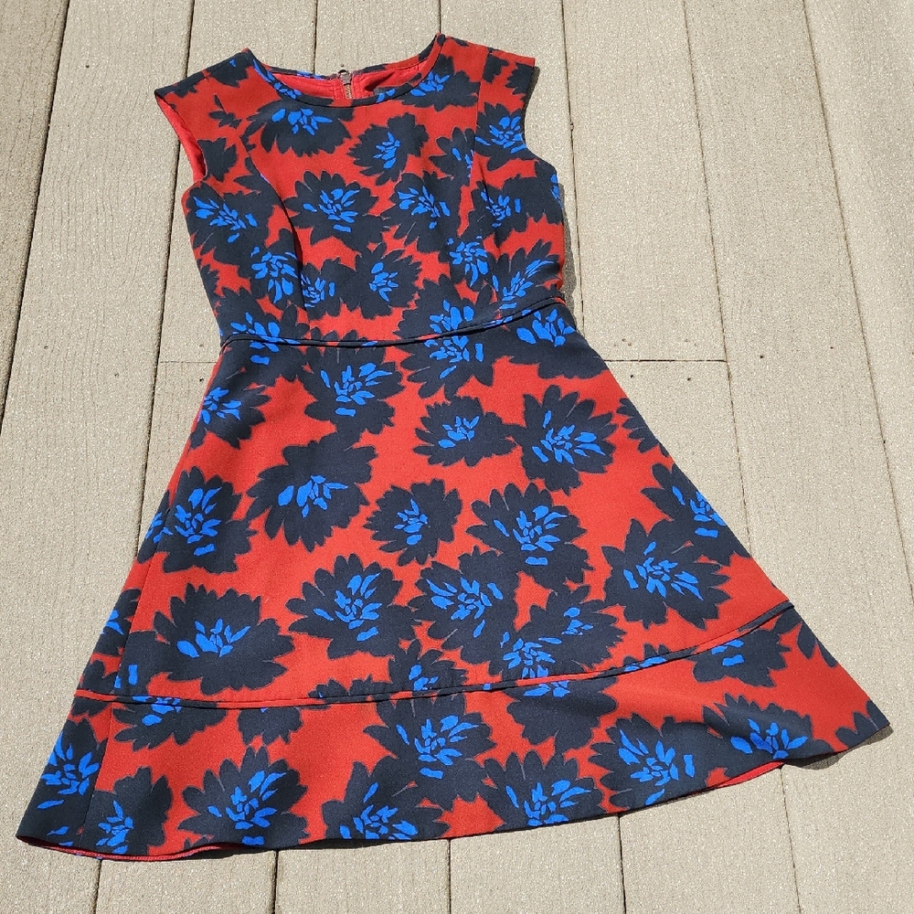 (6) J. Crew Red and Blue Floral Dress Fitted A Line Tropical Vacation Office Wow